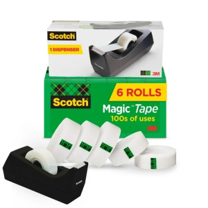 Scotch Magic Tape, Clear, 3/4" x 1000", 6 Rolls with Black Dispenser